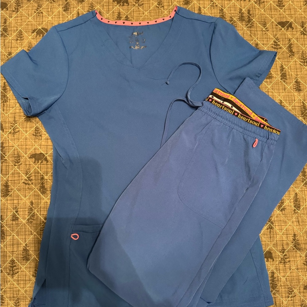 Heart Soul Blue Scrub Set with Pink Accents